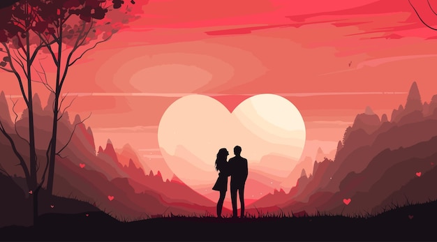 Vector silueta de una pareja besándose en el fondo de corazones al atardecer