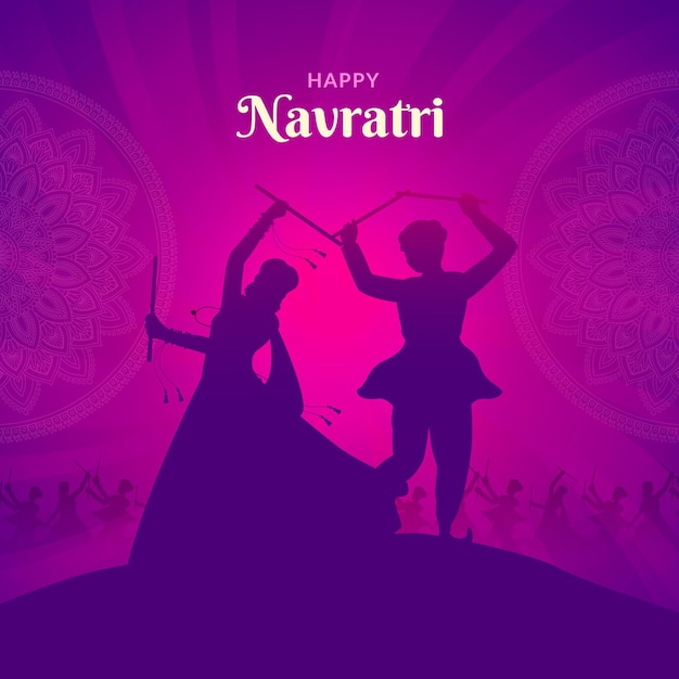 Silueta de pareja Dandiya, Happy Navratri, Durga Puja y Dussehra
