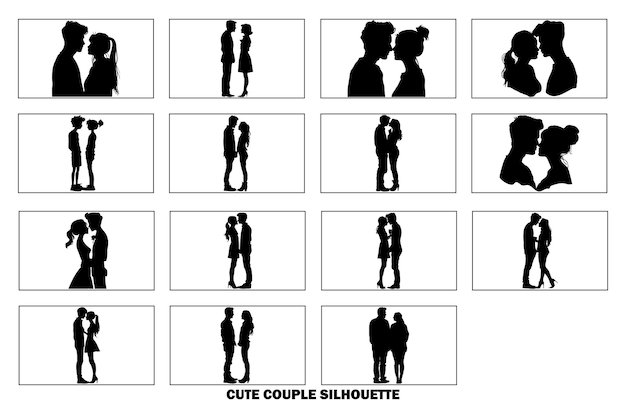 Una silueta de pareja linda en diferentes poses que se aman adorable Vector de momento romántico