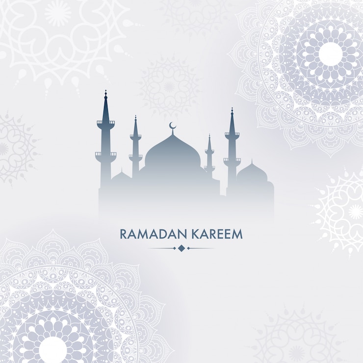 Vector silueta de un patrón floral de mezquita y mandala sobre fondo gris. concepto de ramadán kareem.