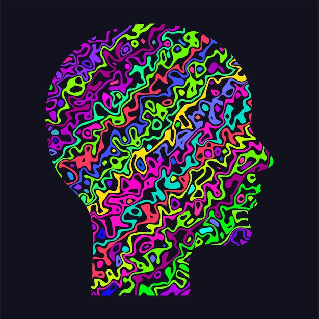 Vector silueta de perfil de mujer de cabeza con patrón psicodélico abstracto de neón
