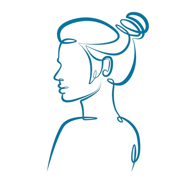 Silueta de perfil de retrato de una mujer joven cabeza femenina con hermoso peinado Una línea continua gruesa negrita arte único dibujado doodle aislado dibujado a mano contorno logo ilustración