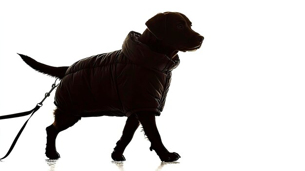 Silueta de un perro con un abrigo de invierno con una correa