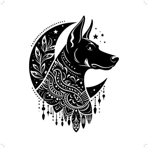 Vector silueta de perro doberman en la ilustración de la naturaleza bohemia boho