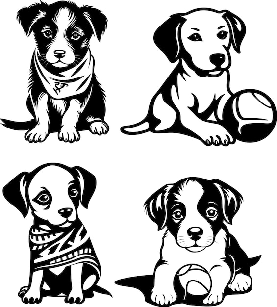 silueta de perro ilustración vectorial en blanco y negro juego de pegatinas bonitas