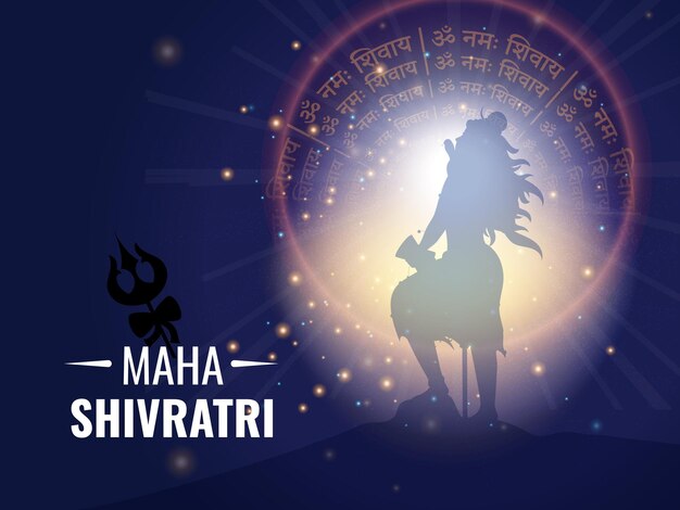 silueta personaje del dios hindú Shiva con rayos de luz en redondeado Om Namah Mantra texto en hindi en fondo azul para el concepto de celebración de Maha Shivratri