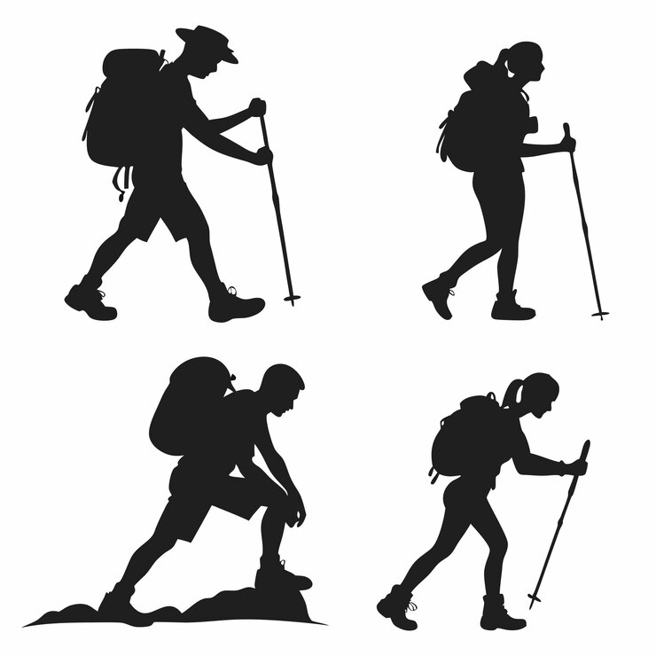 Silueta de personas haciendo senderismo y mochila en la naturaleza