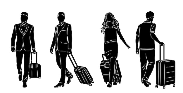 silueta de personas con maletas en un vector de fondo blanco
