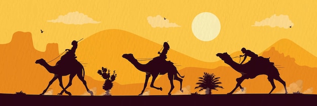 Silueta de personas montadas en camellos y compitiendo en el desierto