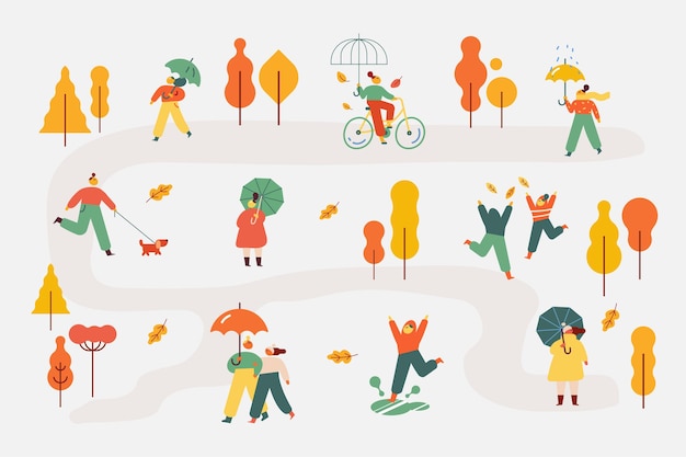 Silueta de personas del parque de otoño con sombrillas ilustración vectorial plana