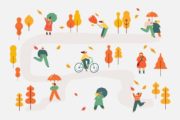 Silueta de personas del parque de otoño con sombrillas ilustración vectorial plana