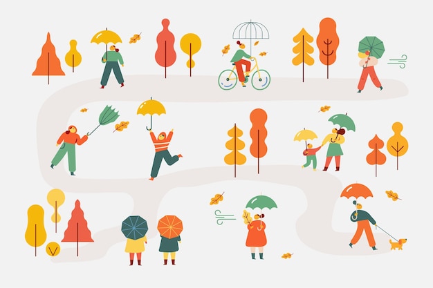 Silueta de personas del parque de otoño con sombrillas ilustración vectorial plana
