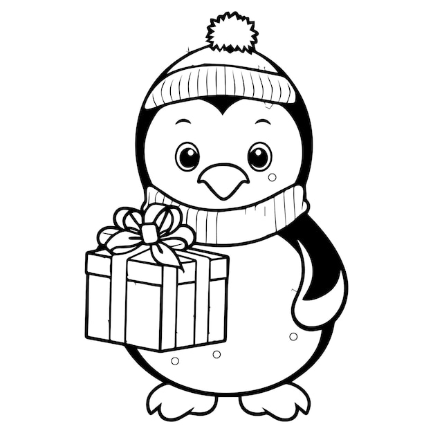 Silueta de pingüino lindo con vector de caja de regalos