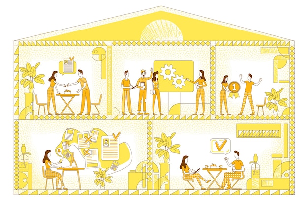Silueta plana de empresa comercial. los trabajadores de la empresa describen personajes sobre fondo amarillo. oficinas corporativas, espacio de coworking, dibujo de estilo simple de sección transversal del lugar de trabajo