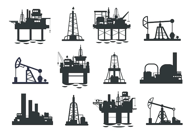 Silueta de la plataforma petrolífera Torre de extracción de gas de la industria energética Producción y transporte de combustible Ilustración vectorial