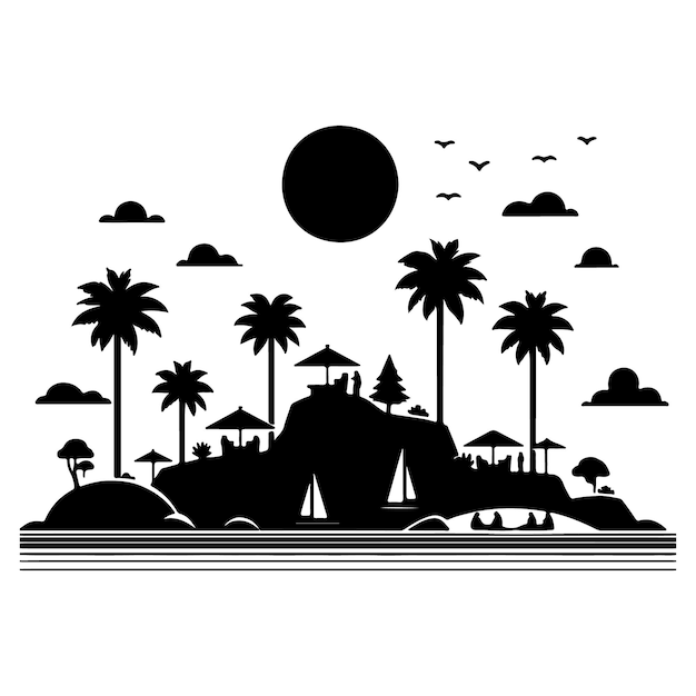 Silueta de una playa tropical con palmeras y barcos bajo el sol