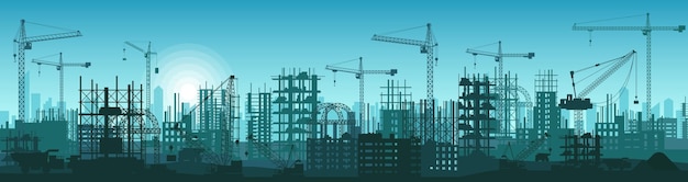 Silueta del proceso de construcción en el sitio de construcción de la ciudad con materiales y equipos grúas torre