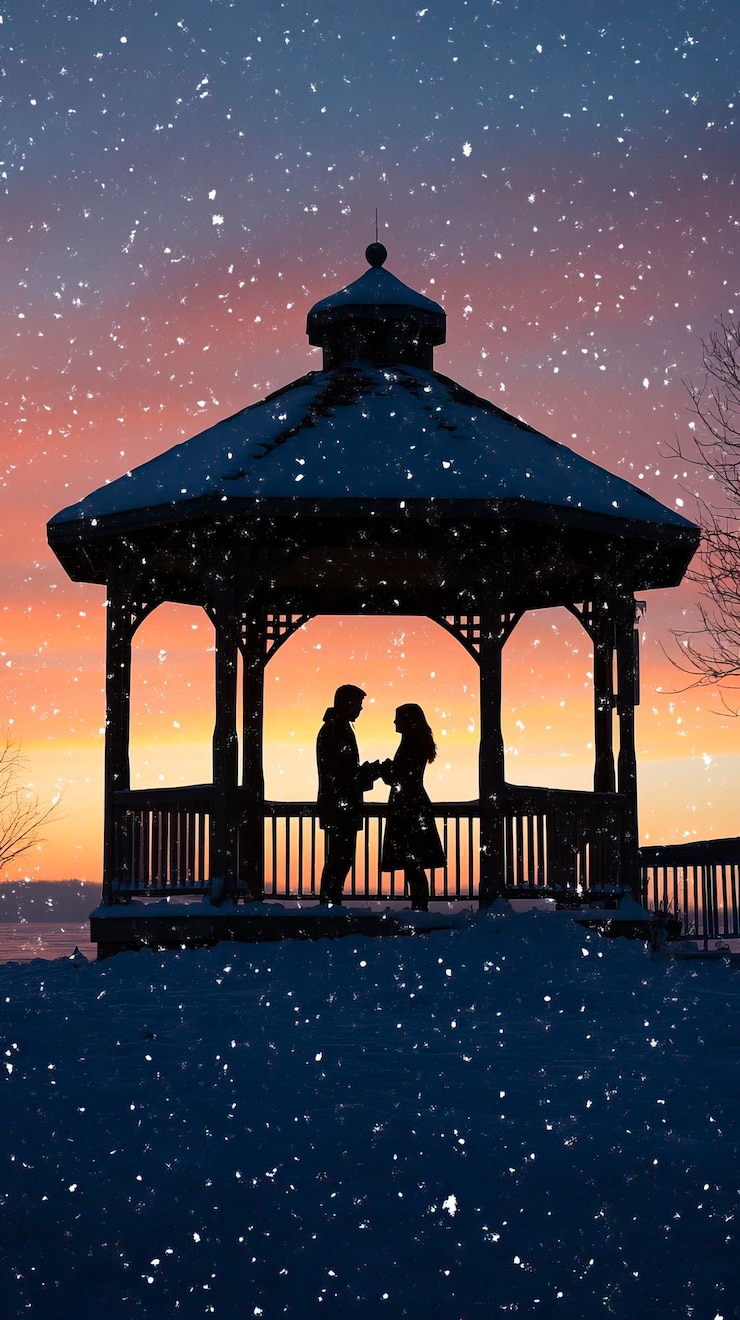 Vector silueta de una propuesta romántica de navidad bajo un mirador nevado propuesta romántica de navidad de navidad