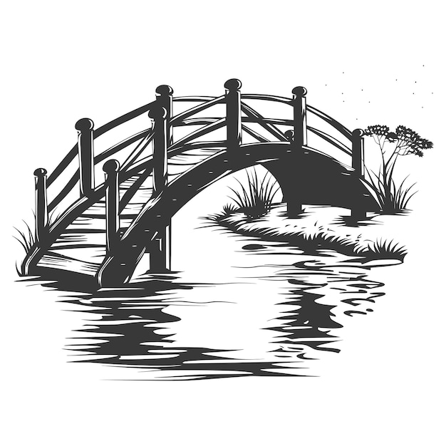 Vector silueta puente de madera a través del río color negro completo sólo