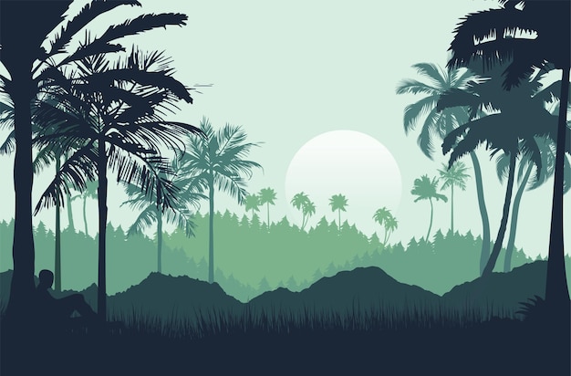 Silueta de puesta de sol tropical con palmeras y selva