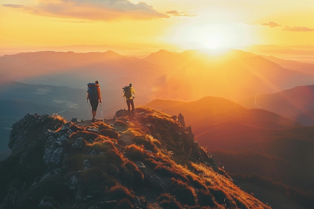 silueta retroiluminada de un excursionista con mochila y postes en la cima de una montaña viendo el deporte del atardecer