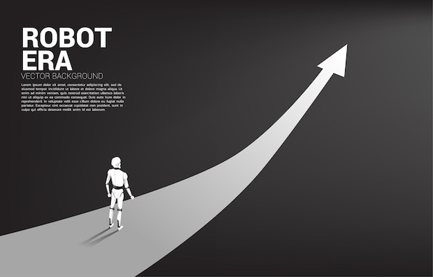 Silueta de robot de pie en la ruta de la flecha.