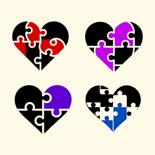 silueta de rompecabezas en forma de corazón e ilustración del diseño del conjunto de vectores de colores