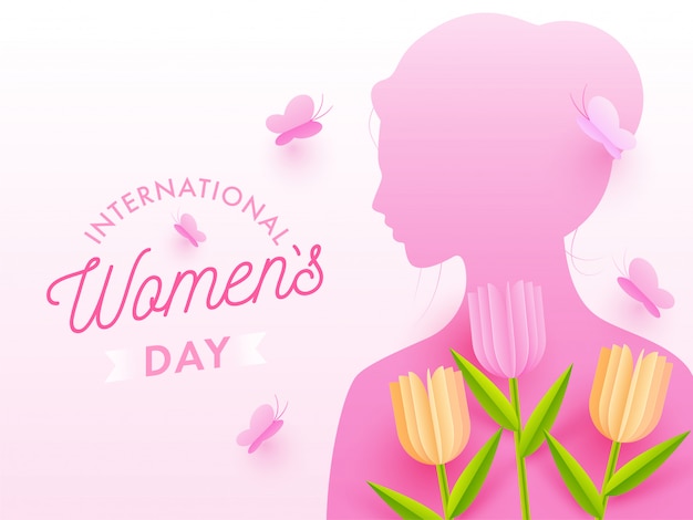 Vector silueta rosa femenina con papel cortado tulip flowers y mariposas decoradas sobre fondo blanco para el día internacional de la mujer.