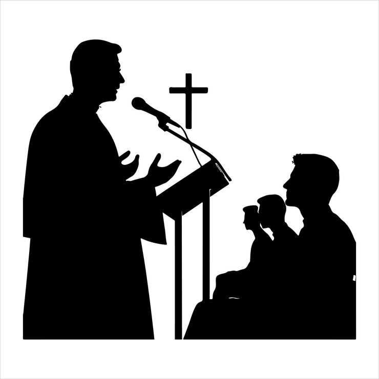 Vector silueta de un sacerdote cristiano con una biblia abierta sobre un fondo blanco