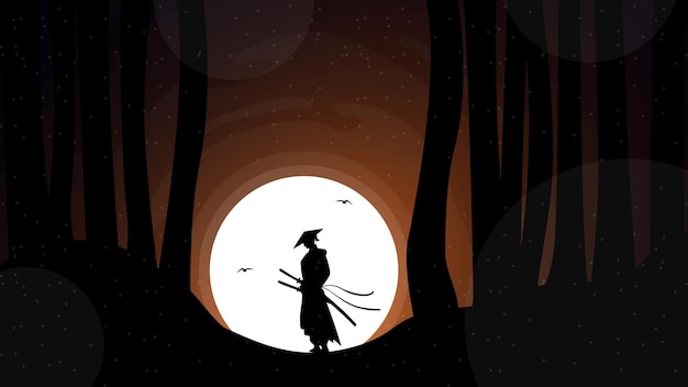 silueta de un samurai en el fondo de la noche. Guerrero samurái japonés con espada. Samurai.