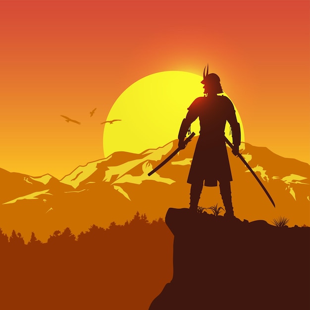 Silueta de samurai japonés con espada de pie en la cima de una colina al atardecer, vector