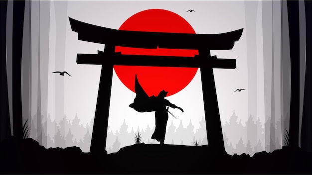 Silueta de un samurái con un sol rojo detrás de él.
