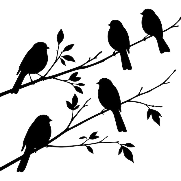 Una silueta sencilla de pájaros posados en ramas