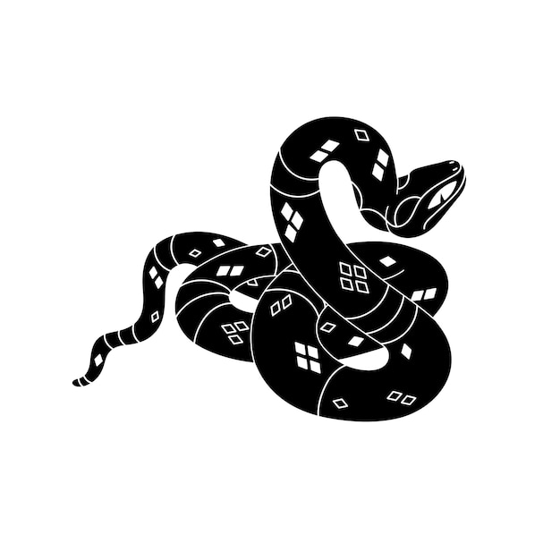 Silueta de serpiente enojada víbora negra en postura de ataque arte de línea pitón enrollado monocromático con escala estampada serpiente venenosa grande defendiendo ilustración vectorial aislada plana sobre fondo blanco