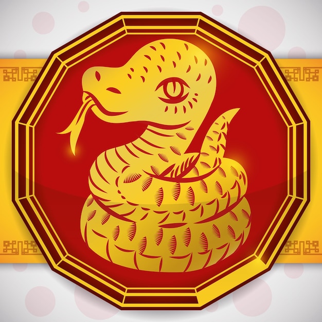 Vector silueta de serpiente enrollada en color dorado en el interior en forma de dodecágono rojo sobre una cinta con patrón