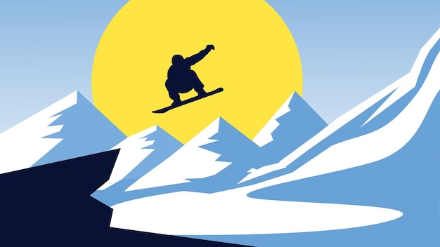 Silueta de snowboard de hombre azul en vector stock de fondo de sol de invierno