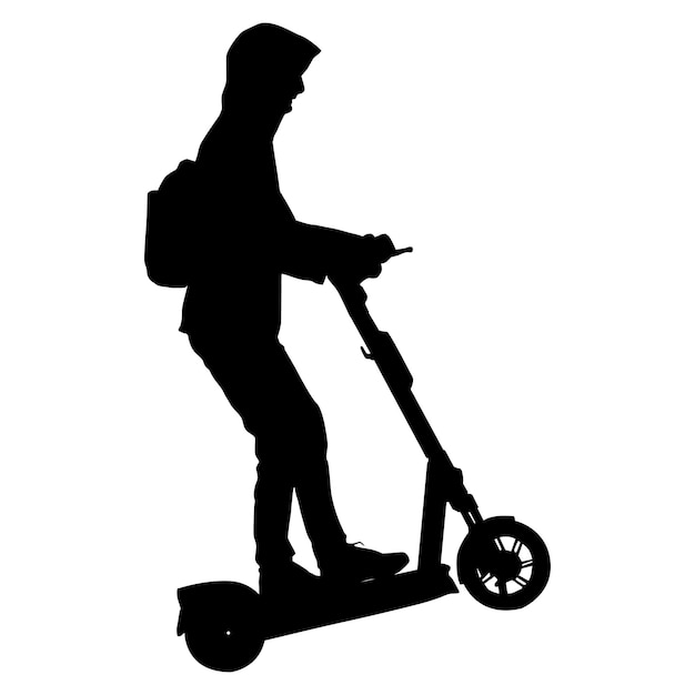 Silueta sobre un fondo blanco de una gente en un scooter eléctrico