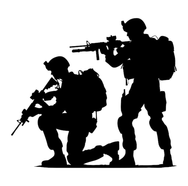 Silueta de soldado sobre un fondo blanco Fuerza especial del ejército con uniformes Soldados de pie