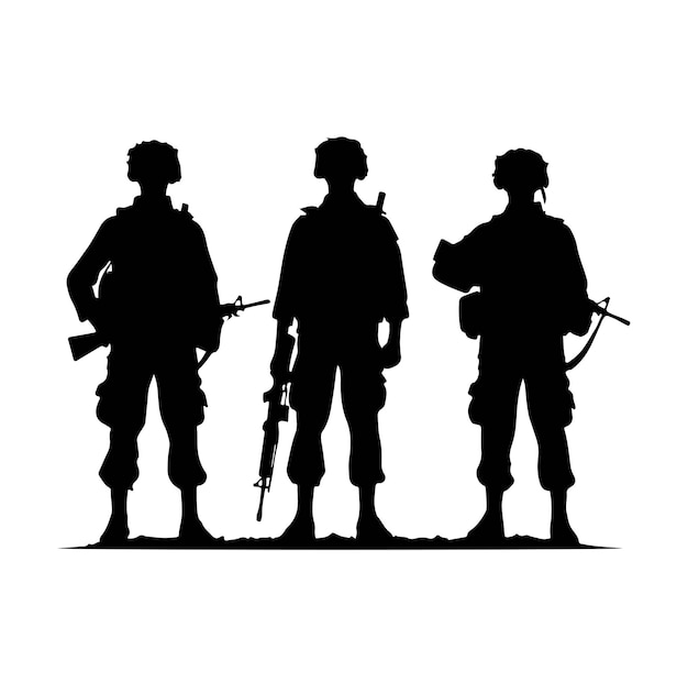 Silueta de soldado sobre un fondo blanco Fuerza especial del ejército con uniformes Soldados de pie
