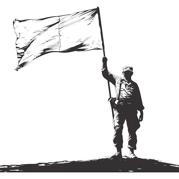 Silueta Soldados o Ejército posan frente a la bandera blanca color negro sólo