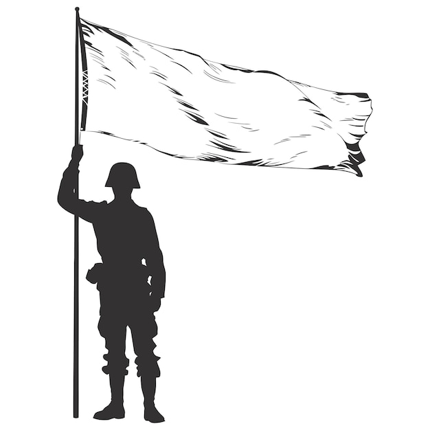 Silueta Soldados o Ejército posan frente a la bandera blanca color negro sólo