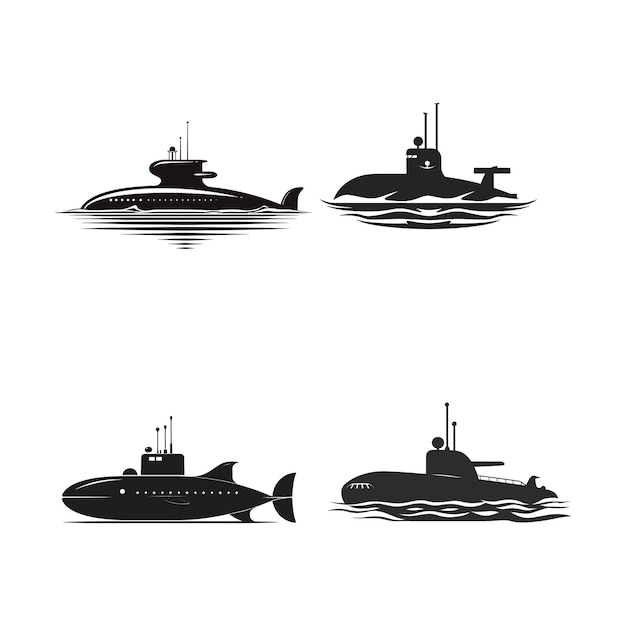 silueta de submarino de color negro con ondas de agua conjunto de ilustraciones de arte vectorial