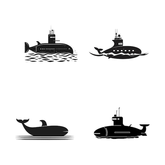 silueta de submarino de color negro con ondas de agua conjunto de ilustraciones de arte vectorial
