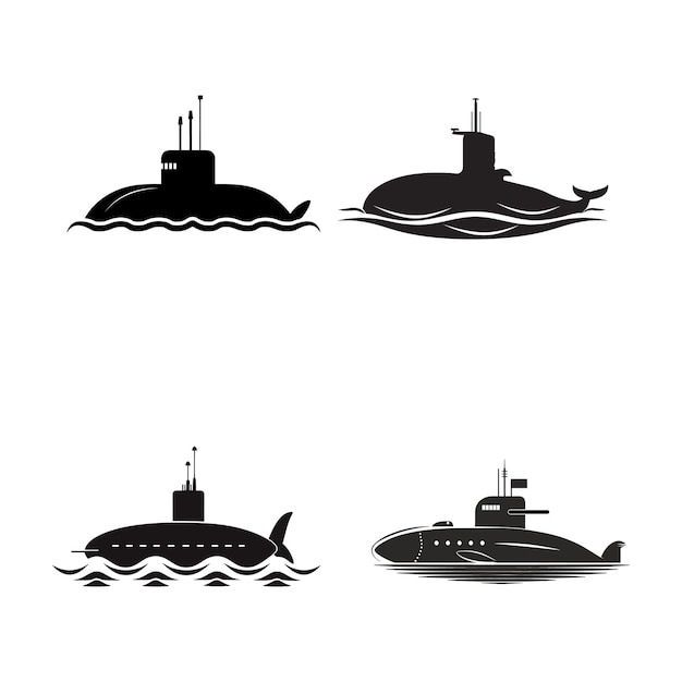 silueta de submarino de color negro con ondas de agua conjunto de ilustraciones de arte vectorial