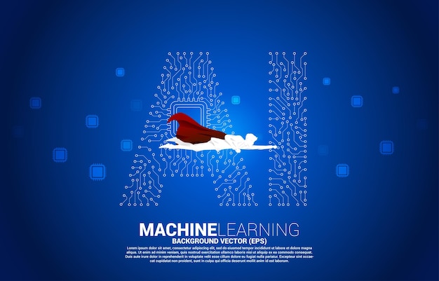 Silueta de superhéroe volando con línea de conexión de puntos en forma de centro de AI y CPU. Concepto de aprendizaje automático e inteligencia artificial.