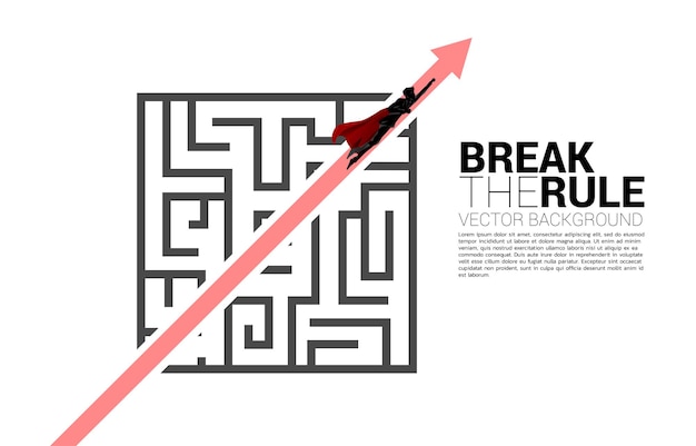 Silueta de superhéroe volar con ruta de flecha roja salir del laberinto. Concepto de negocio para la resolución de problemas y estrategia de solución.