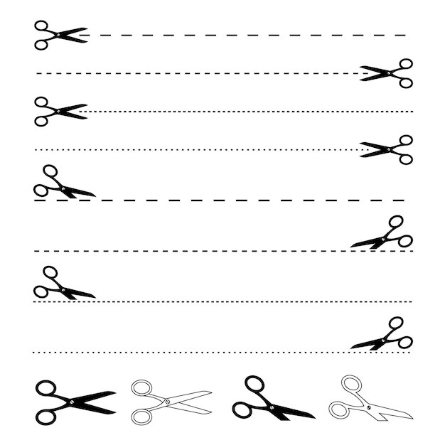 Vector silueta tijeras que cortan el icono de las líneas punteadas sobre fondo blanco