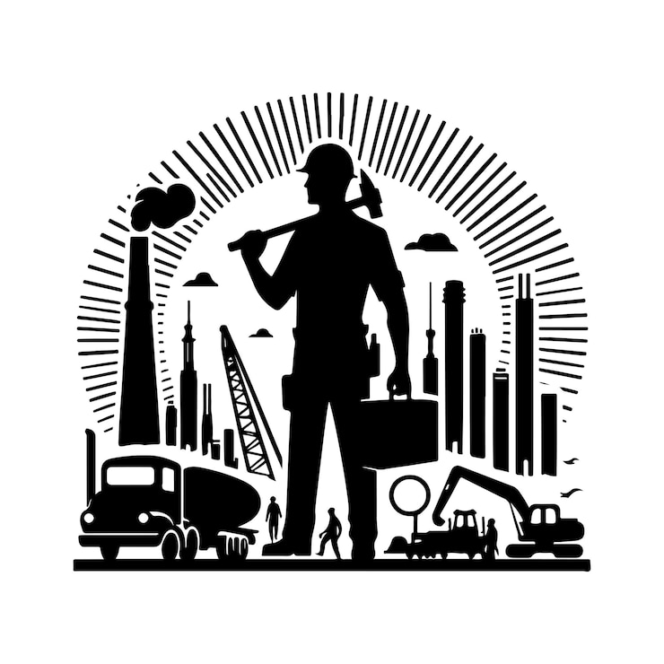 Vector una silueta de un trabajador de la construcción con una grúa y un paisaje urbano detrás de él