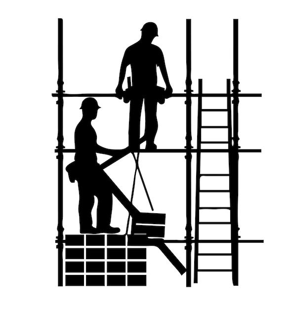 Silueta de trabajadores de la construcción en el andamio Ilustración vectorial