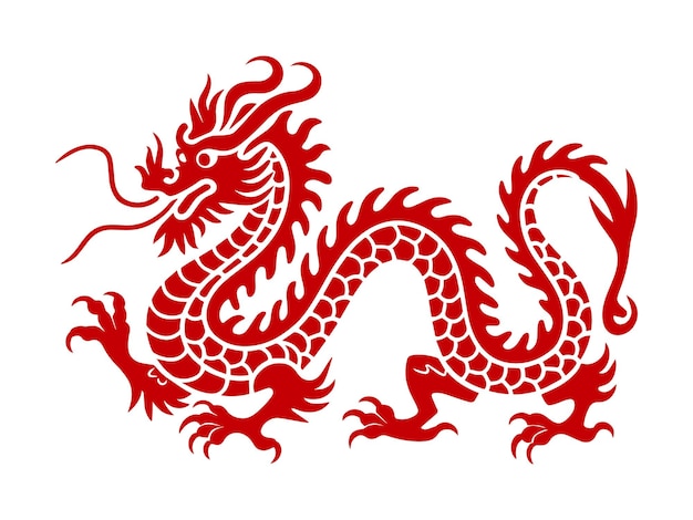 Silueta tradicional del dragón rojo chino con símbolo del zodiaco y detalles de arrastre